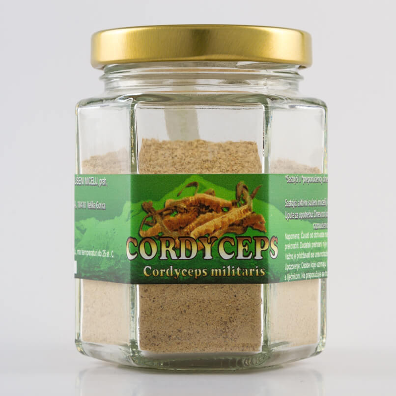 Izgled proizvoda Cordyceps (ljekovitih gljiva) od 100 grama u staklenci.
