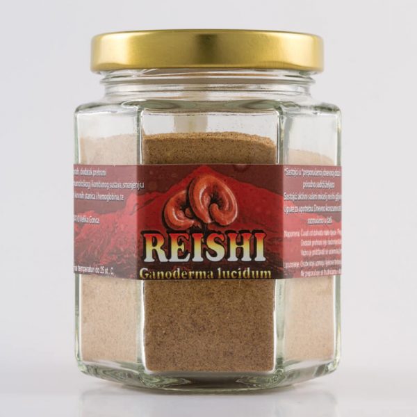 Izgled proizvoda Reishi (ljekovitih gljiva) od 100 grama u staklenci.