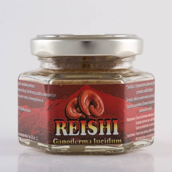 Izgled proizvoda Reishi (ljekovitih gljiva) od 50 grama u staklenci.