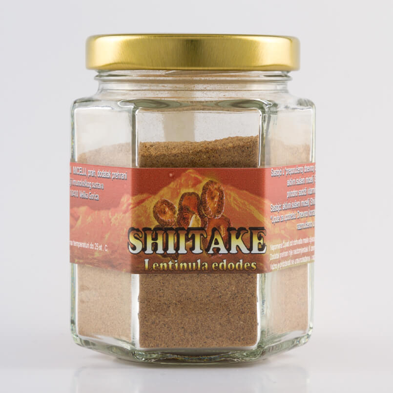 Izgled proizvoda Shiitake (ljekovitih gljiva) od 100 grama u staklenci.
