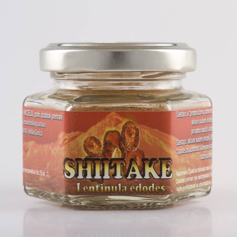 Izgled proizvoda Shiitake (ljekovitih gljiva) od 50 grama u staklenci.